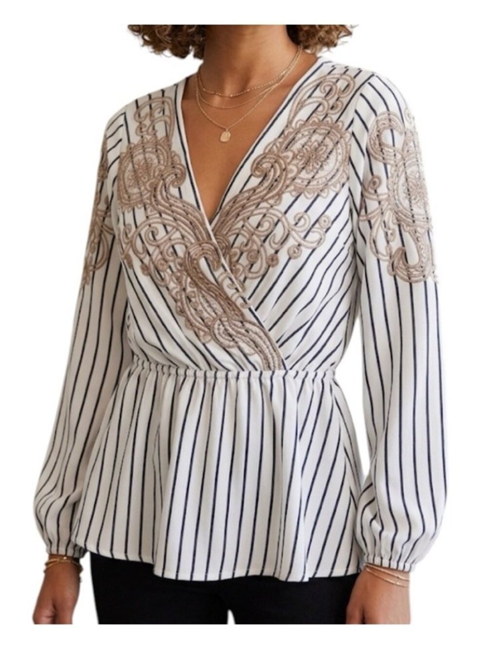 Savanna Jane Athena Embroidered Striped Boho Cottage Peasant Blouse Size Small